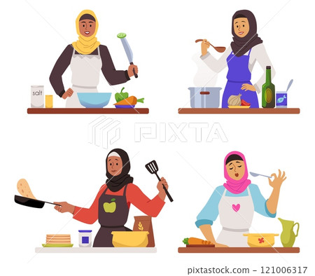 Muslim woman cooking on the kitchen vector set, cartoon female in hijab preparing halal food, tasting the dish from pot Muslim woman cooking on the kitchen vector set, cartoon female in hijab preparing halal food, tasting the dish from pot 121006317