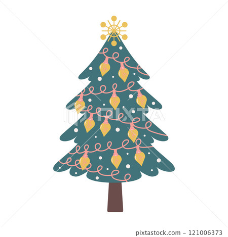 Christmas tree with baubles and garland isolated on white background. Nursery art and Scandinavian style. 121006373