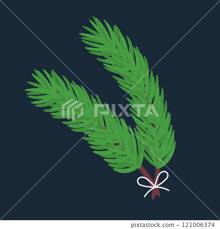 Fir twigs tied with a bow. Christmas decoration isolated on dark background. 121006374
