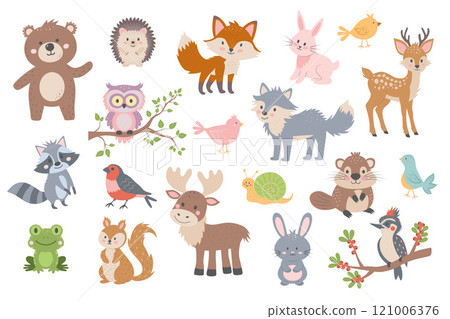 Cute woodland forest animals in cartoon style. Baby art for nursery design and prints. 121006376