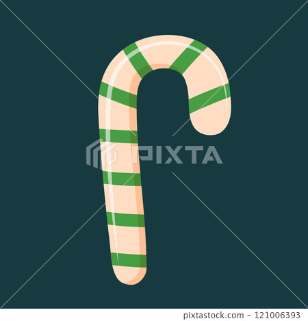 Christmas candy cane with green stripes isolated on dark background. 121006393