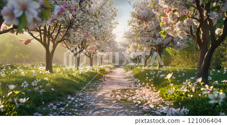 Spring alley of trees in full bloom, cherry and apple trees in bloom, petals on the ground, gentle sunlight 121006404