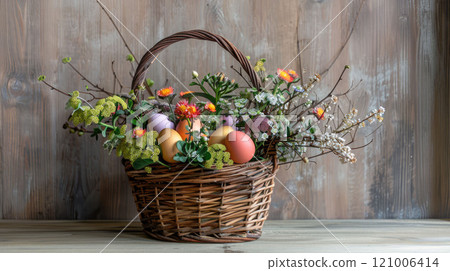 Easter basket with colorful eggs, decorative greenery and spring flowers, on a wooden surface and a light background Easter basket with colorful eggs, decorative greenery and spring flowers, on a wooden surface and a light background 121006414