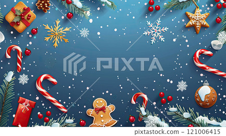 Christmas background with candy cane, gingerbread, twigs, berries, gift boxes and snowflakes 121006415