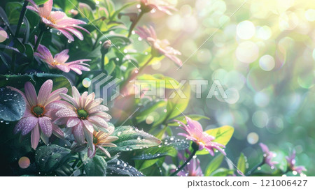 Transparent dew drops on green leaves and petals of spring flowers on a sunny morning, background with soft bokeh 121006427
