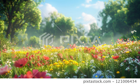 Blooming meadow in spring with colorful wildflowers, fresh greenery, soft sunlight and clear blue sky in the background 121006434