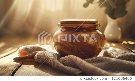 A round wood jar with a lid and a towel. Cozy mockup for beauty products 121006460