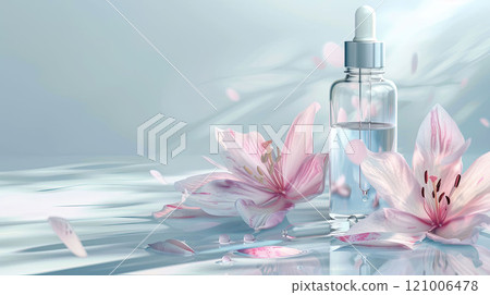 Transparent glass bottle with a dropper for serum or essential oil on a light background, next to flower petals 121006478