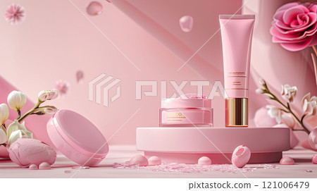 A tube and jar of a cosmetic product on a light pink background with floral decorative elements 121006479