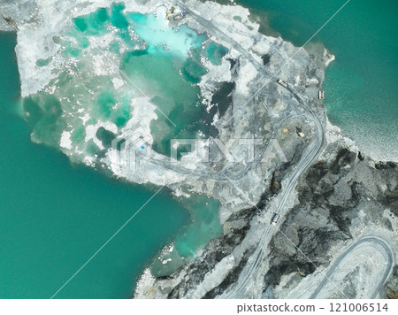 Open pit mine industry. Limestone quarry with backhoe and truck in operation. Heavy machinery in mining industry and construction material supply. Landscape of resource extraction in a industrial site 121006514