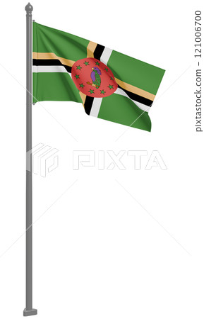 3D illustration of the fluttering flag of Dominica (front view) 3D illustration of the fluttering flag of Dominica (front view) 121006700