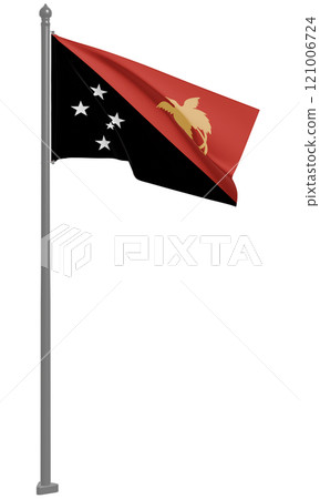 巴布亞紐幾內亞獨立國飄揚的國旗3D圖(前視圖) 巴布亞紐幾內亞獨立國飄揚的國旗3D圖(前視圖) 121006724