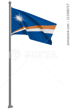 馬紹爾群島共和國飄揚的國旗 3D 插圖(前視圖) 馬紹爾群島共和國飄揚的國旗 3D 插圖(前視圖) 121006727