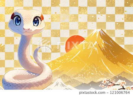 New Year's card template with a Japanese-style illustration of a happy white snake and the first sunrise from Mt. Fuji 121006764
