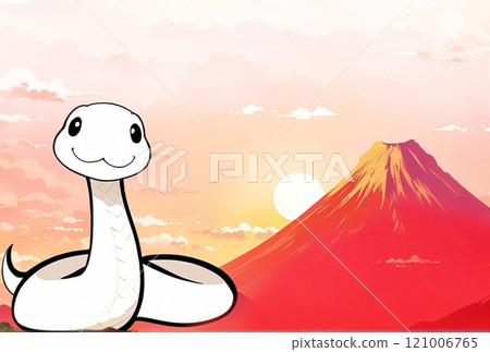 New Year's card template with a Japanese-style illustration of a happy white snake and the first sunrise from Mt. Fuji 121006765