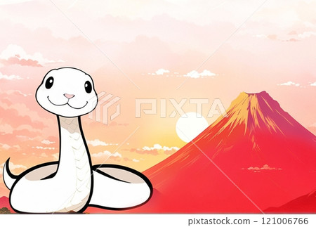 New Year's card template with a Japanese-style illustration of a happy white snake and the first sunrise from Mt. Fuji 121006766