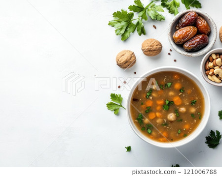 Traditional iftar meal setup with soup, dates, nuts, fresh parsley. Perfect for Ramadan gatherings 121006788