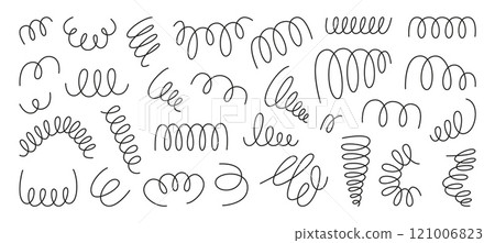 Doodle spiral springs. Hand drawn springs, black wire flexible coils icons. Decorative metal spirals, garlands elements, neoteric flat coil vector set 121006823