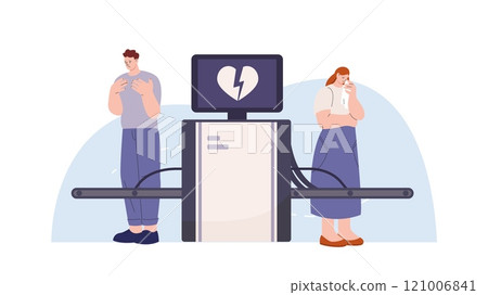 Separation of lovers. Sad girl and boy stand separately, broken heart on the X-ray screen. Long distance relationship metaphor. Betrayal or treason vector concept Separation of lovers. Sad girl and boy stand separately, broken heart on the X-ray screen. Long distance relationship metaphor. Betrayal or treason vector concept 121006841