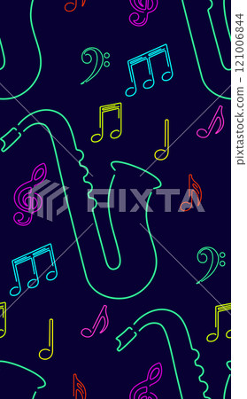 Neon saxophone with music notes seamless pattern 121006844
