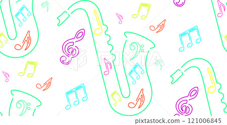 Neon saxophone with music notes seamless pattern Neon saxophone with music notes seamless pattern 121006845