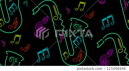 Neon saxophone with music notes seamless pattern 121006846