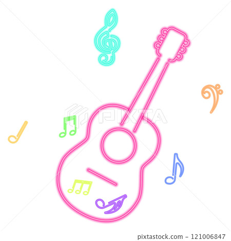Pink glowing neon guitar with music notes 121006847