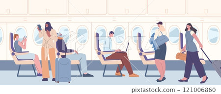 Passengers boarding plane. Travelers on aircraft board, people with suitcases and bags, sitting with laptops, sleeping. Flight vacations, vector scene Passengers boarding plane. Travelers on aircraft board, people with suitcases and bags, sitting with laptops, sleeping. Flight vacations, vector scene 121006860