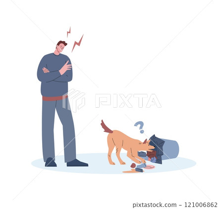 Owner is angry with dog. Puppy gutted trash can, pulled waste out on floor. Bad behavior of pet, angry man swears. Animal education and training, vector scene 121006862