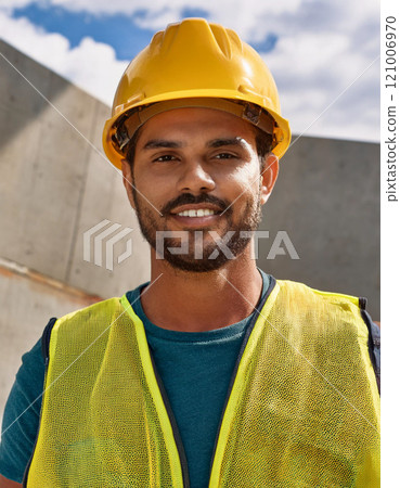 Construction Worker with Urban Backdrop 121006970