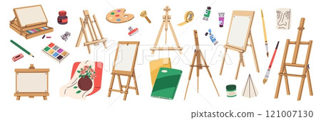 Cartoon easels and artist tools. Painting accessories. Paints palette. Brushes and pencils. Art classroom stuff. Creative workshop supply. Stationery for drawing. Garish vector set Cartoon easels and artist tools. Painting accessories. Paints palette. Brushes and pencils. Art classroom stuff. Creative workshop supply. Stationery for drawing. Garish vector set 121007130