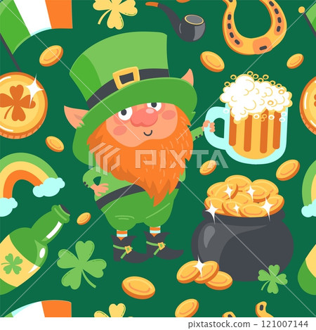 Saint Patrick day elements seamless pattern. Funny leprechaun. Cartoon lucky dwarf holds mug of beer. Repeated print. March 17th celebration. Gold coins pot. Splendid vector background Saint Patrick day elements seamless pattern. Funny leprechaun. Cartoon lucky dwarf holds mug of beer. Repeated print. March 17th celebration. Gold coins pot. Splendid vector background 121007144