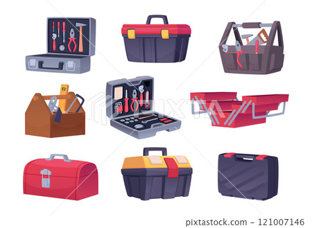 Portable toolboxes. Plastic containers for professional equipment exact vector tools for diy serviceman or builders 121007146