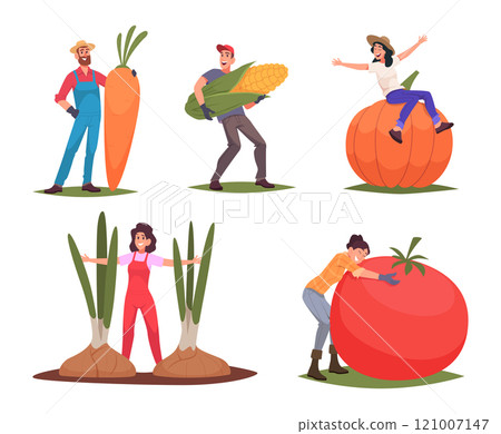 Farmers. People crop care harvesting time exact vector characters with big pumpkin carrot fruits and vegetables 121007147