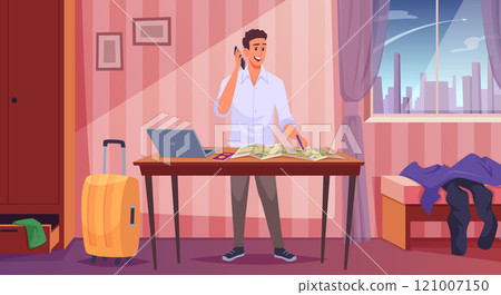 Tourists planning. Adventure organization for travellers exact vector concept pictures of booking hotel and buying tickets 121007150