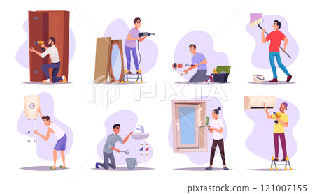 Home workers. Maintenance and renovation services builders fixing old room making repair work exact vector illustration set 121007155