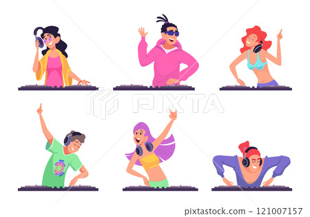 Dj. Musician characters in action poses standing in headphones and making music sound mixing different songs exact vector active people 121007157