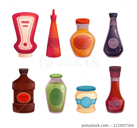 Sauces bottles. Mayo ketchup hot liquid spicy for cooking exact vector cartoon bottles and jars for different types of sauces 121007164
