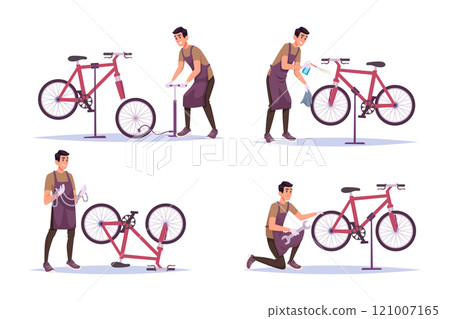 Bicycle repair. Repairman fixing bikes correction wheels and gears exact vector bicycle workshop Bicycle repair. Repairman fixing bikes correction wheels and gears exact vector bicycle workshop 121007165