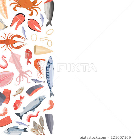 seafood. background illustration with herring squid shrimp octopus crayfish. vector pictures of different seafood products 121007169