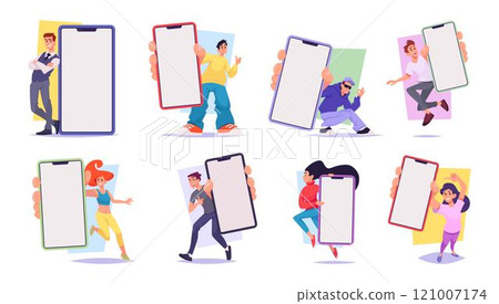 People with phone. Stylized characters talking or holding smartphones exact vector mockup design projects with empty place for text 121007174