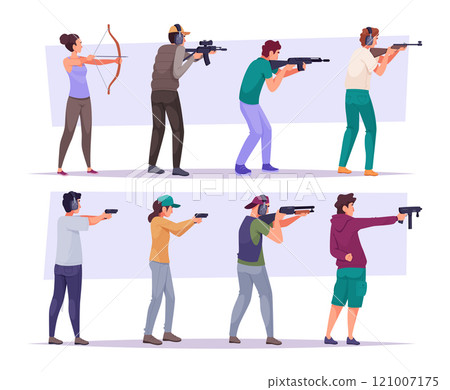 People aiming. Characters shooting with different weapons exact vector shooters in cartoon style People aiming. Characters shooting with different weapons exact vector shooters in cartoon style 121007175