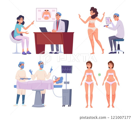 Plastic surgery. Face or body cosmetic surgery renovation scenes exact vector concept illustration set Plastic surgery. Face or body cosmetic surgery renovation scenes exact vector concept illustration set 121007177