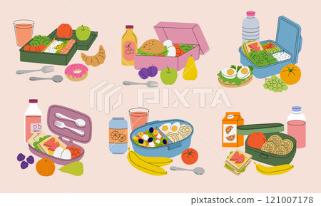 Lunchbox. Healthy products for fast snacking containers with food fruits and sandwiches recent vector stylized illustrations 121007178