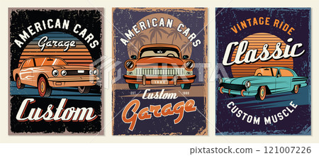Custom cars posters. Retro placard with muscle cars and customizing design vehicles recent vector template with place for personal text 121007226