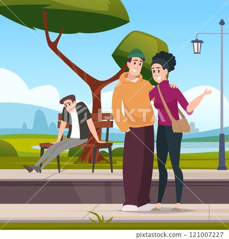 loneliness. sad man sitting in park and suffering break up girl outdoor vector background loneliness. sad man sitting in park and suffering break up girl outdoor vector background 121007227