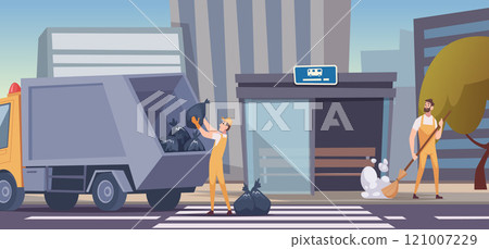 urban cleaners. outdoor city background with professional workers in uniform removal garbage from roads 121007229