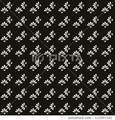 Simple minimalist floral pattern. Minimal seamless texture with small flower shapes. Abstract black and white geometric background. For print, package 121007282