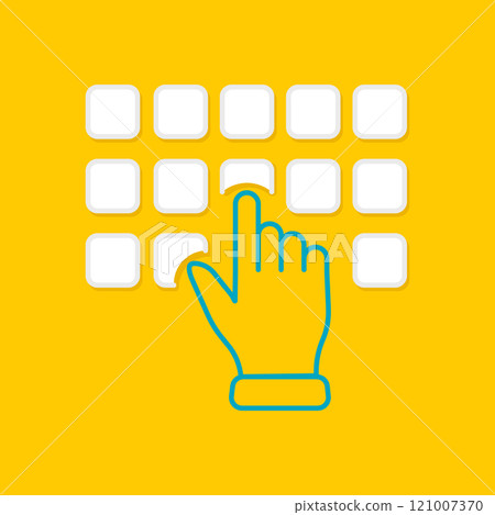 Hand typing on a computer keyboard, top view, daily routine. Enter the password on the keyboard icon. Finger over keyboard. Hand typing on a computer keyboard, top view, daily routine. Enter the password on the keyboard icon. Finger over keyboard. 121007370