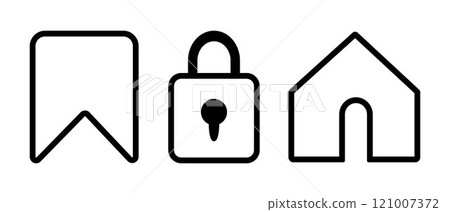 Outline icons of House, Padlock, Bookmark and favorites tags. Outline icons of House, Padlock, Bookmark and favorites tags. 121007372